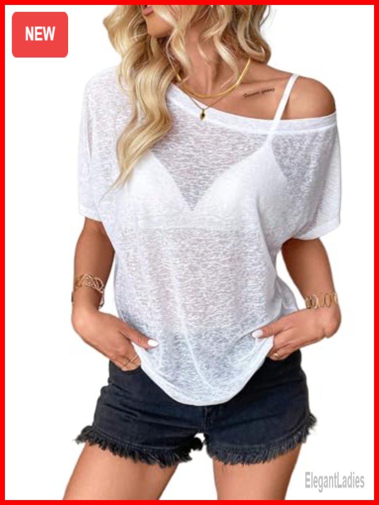 Women's Sheer Off Shoulder Short Sleeve Mesh T-Shirt Loose Fit Summer